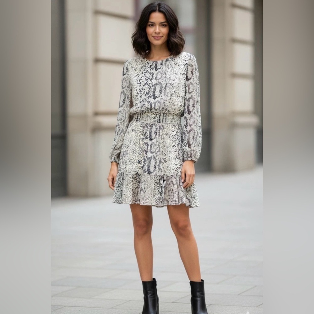J. Crew Cream and Black Snake Print Long Sleeve Dress